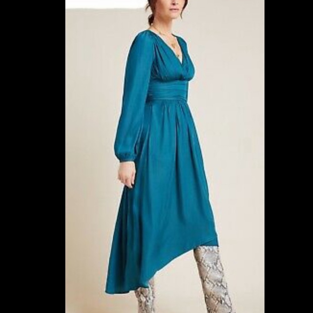 😍 Anthropologie silky empire waist green/teal dress gorgeous!!! Size 14